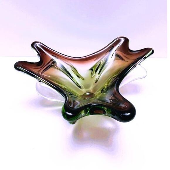 Vintage (1960s) Murano 3 Petal Splash Plum, Green, & Clear Handblown Glass Decor - Picture 4 of 6